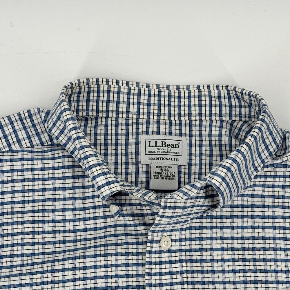 L.L.Bean Mens 18-34 Traditional Fit Blue White Plaid Cotton Button Down Shirt